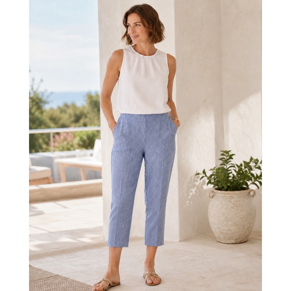 J. Jill 100% Linen Chambray Crop Ankle Pants Blue Large Petite Lagonlook Beachy
